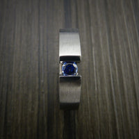 Titanium Ring Tension Set Band with Round Blue Sapphire Stone