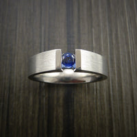 Titanium Ring Tension Set Band with Round Blue Sapphire Stone