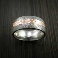 Damascus Steel 14K Rose Gold Ring Wedding Band Custom Made Hammer Finish