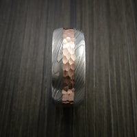 Damascus Steel 14K Rose Gold Ring Wedding Band Custom Made Hammer Finish