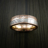 Rose Gold Eternity Band, Damascus Steel Ring with 30+ Moissanite Stones