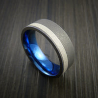 Titanium Ring with Silver Inlay Wedding Band Anodized Blue Inside Made to Any Size