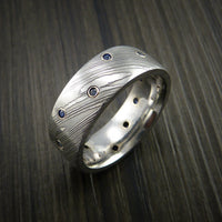 Damascus Steel Ring with Bezel Set Blue Sapphires Custom Band
