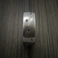 Damascus Steel Ring with Bezel Set Blue Sapphires Custom Band