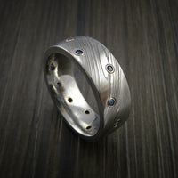 Damascus Steel Ring with Bezel Set Blue Sapphires Custom Band
