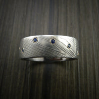 Damascus Steel Ring with Bezel Set Blue Sapphires Custom Band