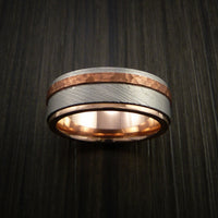 Damascus Steel 14K Gold Ring with Hammered Copper Inlay