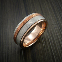 Damascus Steel 14K Gold Ring with Hammered Copper Inlay
