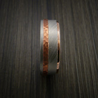 Damascus Steel 14K Gold Ring with Hammered Copper Inlay