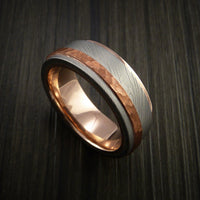 Damascus Steel 14K Gold Ring with Hammered Copper Inlay