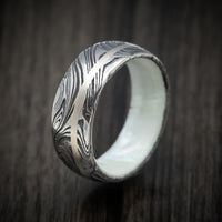 Marble Damascus Steel Men's Ring with White Mother of Pearl Sleeve and Gold Inlay Custom Made Band