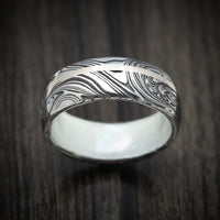 Marble Damascus Steel Men's Ring with White Mother of Pearl Sleeve and Gold Inlay Custom Made Band
