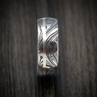 Marble Damascus Steel Men's Ring with White Mother of Pearl Sleeve and Gold Inlay Custom Made Band
