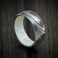 Woodgrain Kuro Damascus Steel Men's Ring with White Mother of Pearl Sleeve Custom Made Band