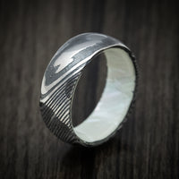 Woodgrain Kuro Damascus Steel Men's Ring with White Mother of Pearl Sleeve Custom Made Band