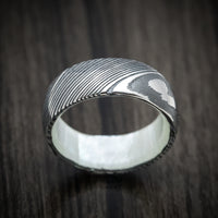 Woodgrain Kuro Damascus Steel Men's Ring with White Mother of Pearl Sleeve Custom Made Band