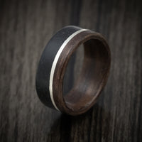 Black Concrete Men's Ring with Wenge Wood and Silver Inlays Custom Made Band