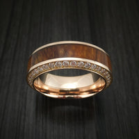Rose Gold Men's Ring With Wood Inlay And Eternity Set Diamonds Custom Made Band