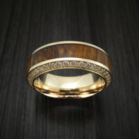 Yellow Gold Men's Ring With Wood Inlay And Eternity Set Diamonds Custom Made Band