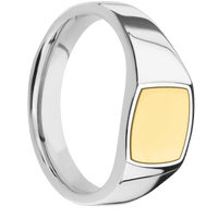 Small Cushion signet ring (10x10mm) in 14K White Gold, with a Wide style band, a 14K Yellow Gold inlay.