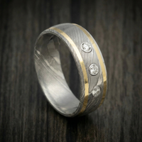 Damascus Steel Ring with 14K Gold Inlays and Lab Diamonds