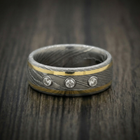 Damascus Steel Ring with 14K Gold Inlays and Lab Diamonds