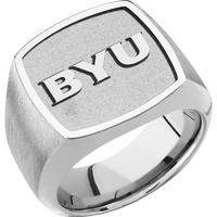Large Cushion signet ring (18x18mm) in Cobalt Chrome, with a Wide style band, a Cobalt Chrome inlay and a Brigham Young BYU Monogram Rev engraving.
