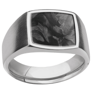 Medium Cushion signet ring (14x14mm) in Titanium, with a Wide style band, a Forged Carbon Fiber inlay.