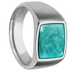 Medium Cushion signet ring (14x14mm) in Titanium, with a Wide style band, an Amazonite inlay.