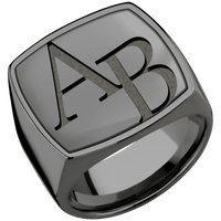 Extra Large Cushion signet ring (22x22mm) in Zirconium, with a Wide style band, a Zirconium inlay and a Book Antiqua 2 engraving.