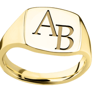 Medium Cushion signet ring (14x14mm) in 14K Yellow Gold, with a Thin style band and a Book Antiqua 2 engraving.