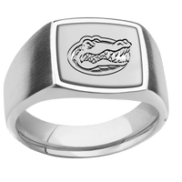 Medium Cushion signet ring (14x14mm) in Palladium Silver, with a Wide style band, a Titanium inlay and a Florida Gator Head engraving.