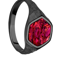 Medium Hexagon signet ring (13.9x12mm) in Zirconium, with a Thin style band, a Fuchsia Abalone inlay.