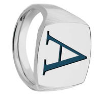 Large Cushion signet ring (18x18mm) in Titanium, with a Thin style band and a Book Antiqua 1 engraving.
