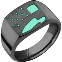 Medium Cushion signet ring (14x14mm) in Zirconium, with a Wide style band and an American Flag engraving.