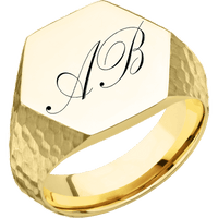 Large Hexagon signet ring (18.5x16mm) in 18K Yellow Gold, with a Wide style band and a Kunstler Script 2 engraving.