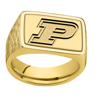 Large Horizontal Rectangle signet ring (20x14.5mm) in 14K Yellow Gold, with a Wide style band, a 18K Yellow Gold inlay and a Purdue Motion P engraving.