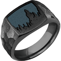 Medium Cushion signet ring (14x14mm) in Zirconium, with a Wide style band and a Trees Rev engraving.