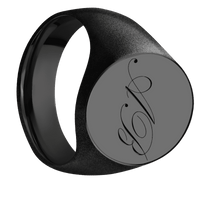 Large Oval signet ring (20x16mm) in Zirconium, with a Wide style band and a Kunstler Script 2 engraving.