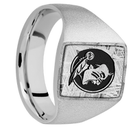 Medium Rectangle signet ring (16x11.5mm) in Platinum, with a Wide style band, a Meteorite inlay and a Florida State Seminole Head engraving.