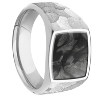 Medium Cushion signet ring (14x14mm) in 14K White Gold, with a Wide style band, a Forged Carbon Fiber inlay.
