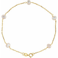 14K Yellow Gold Cultured White Freshwater Pearl 5-Station 7" Bracelet