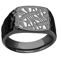 Medium Cushion signet ring (14x14mm) in Zirconium, with a Wide style band and an Escher 1 engraving.