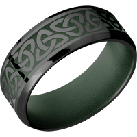 8mm wide Beveled Black Zirconium Ring with Polish Finish / Celtic Trinity Design and Highland Green Cerakote Accents / Highland Green Cerakote Sleeve