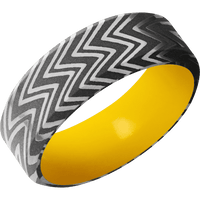 8mm wide High Bevel Zebra Damascus Steel Ring with Acid Damascus Finish / Corvette Yellow Cerakote Sleeve