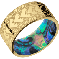 10mm wide Flat 14k Yellow Gold Ring with Polish Finish / Maori Design / Abalone Sleeve