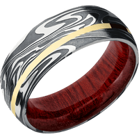 8mm wide Domed Kinetic Damascus Steel Ring with Tumble Kuro Damascus Finish / One 1mm Off Center 14k Yellow Gold Inlay with Polish Finish / Blood Wood Sleeve