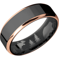 7mm wide Beveled Black Titanium Ring with Polish Finish / Two 1mm Edge 14k Rose Gold Inlay with Polish Finish / Bear Moose Deer Mountain Interior Pattern