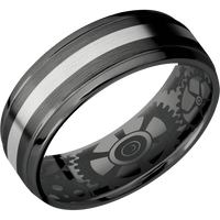 7mm wide Stepped Bevel Black Titanium Ring with Satin Finish / One 2mm Centered Palladium Silver Inlay with Satin Finish / None Interior Pattern