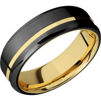 7mm wide Beveled Black Titanium Ring with Satin Finish / One 1mm Off Center 14k Yellow Gold Inlay with Polish Finish / 10k Yellow Gold Sleeve
